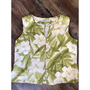 Vintage Pineapple Moon Green Floral Tropical Silk Button Front Sleeveless Top M